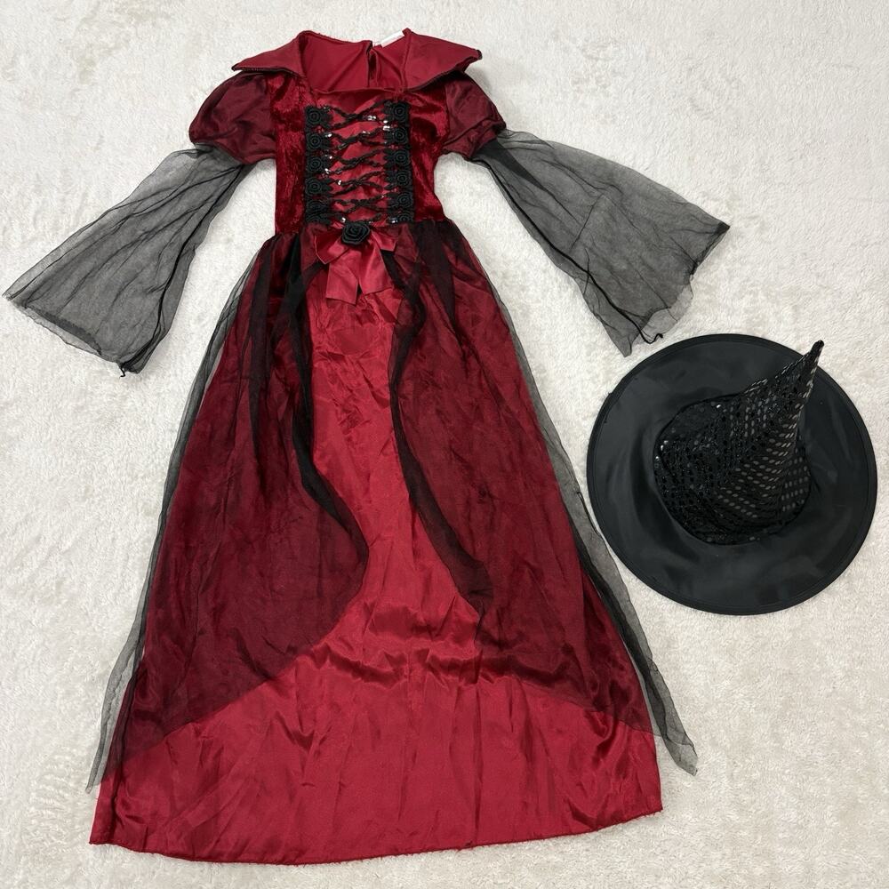 Girls Witch Costume M 8-10 Red Black Gothic Dress Hat Halloween Sequins